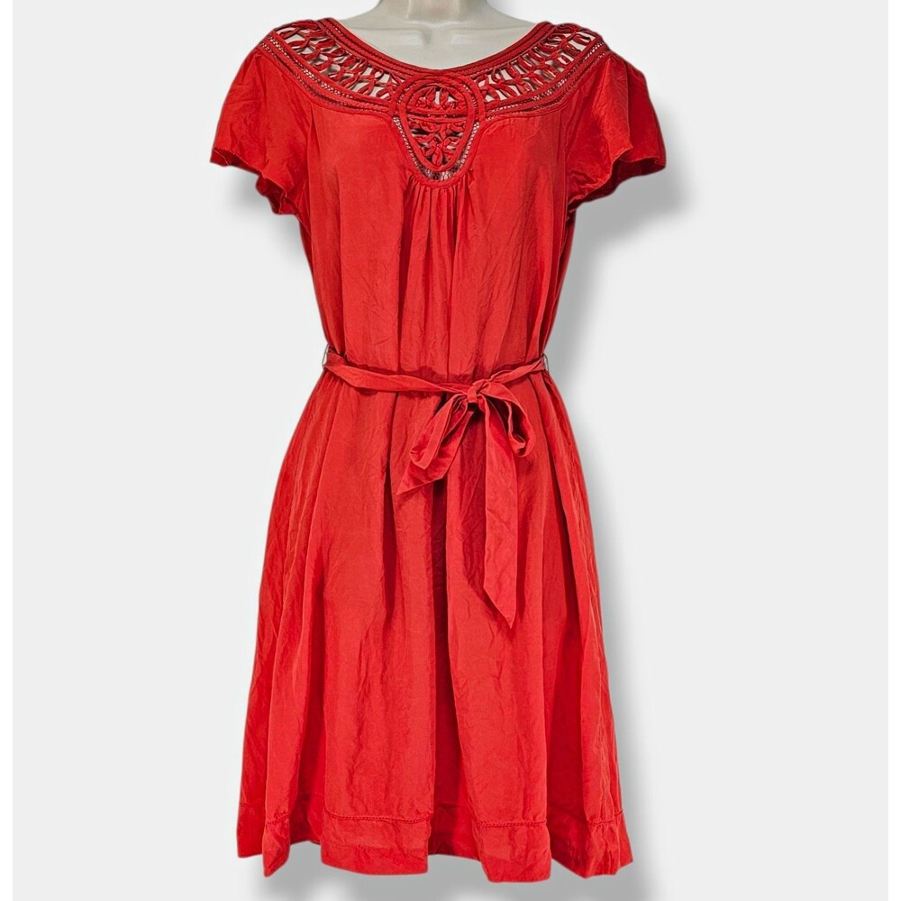Banana Republic Petite M 100% Silk Crochet Cutout Neck Belted Dress Coral Red